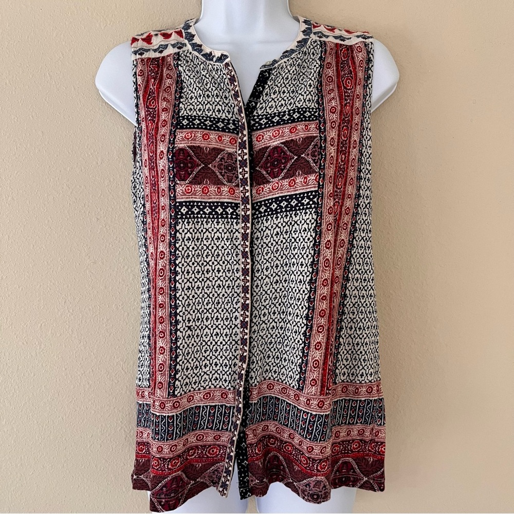 Lucky Brand‎ Sleeveless Top Small Embroidered Patchwork Global Tribal Print Boho